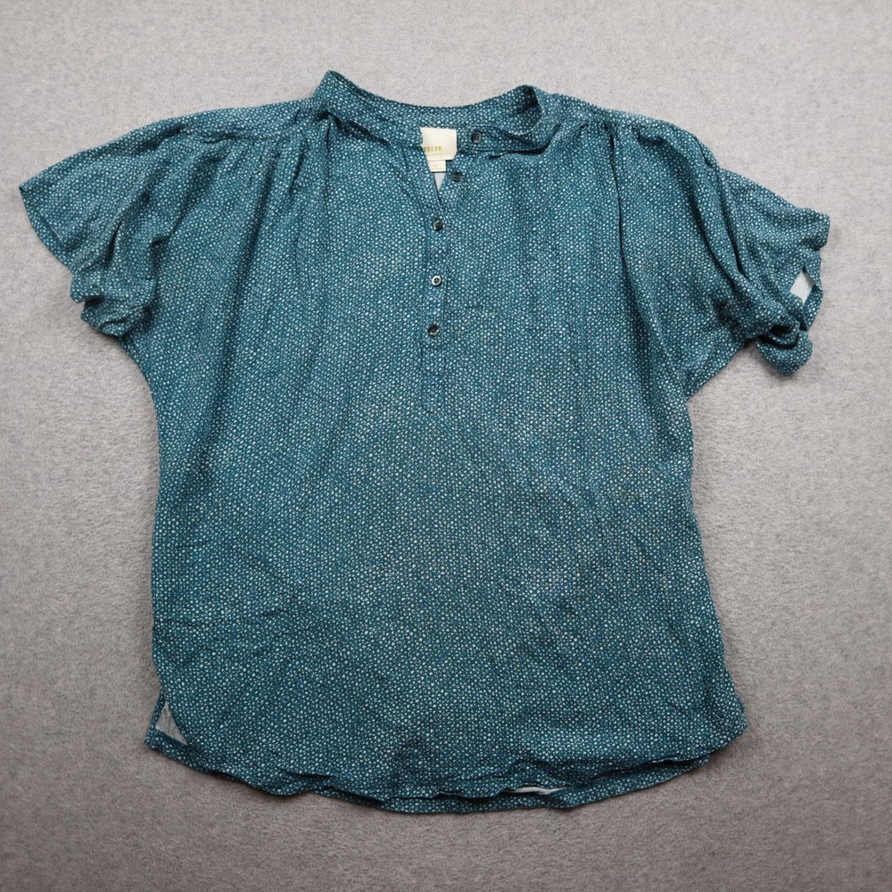 Maeve Anthropologie Blouse Womens Large Teal Geometric Dot Short Sleeve Henley